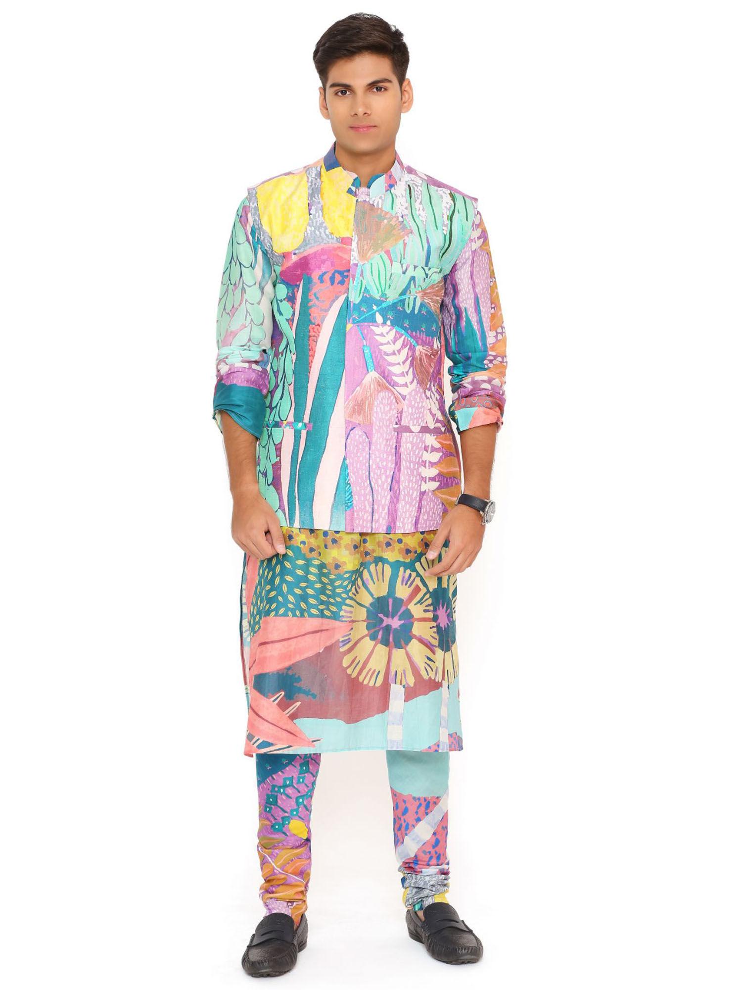 purple tropical print dupion silk bandi kurta and churidar (set of 3)