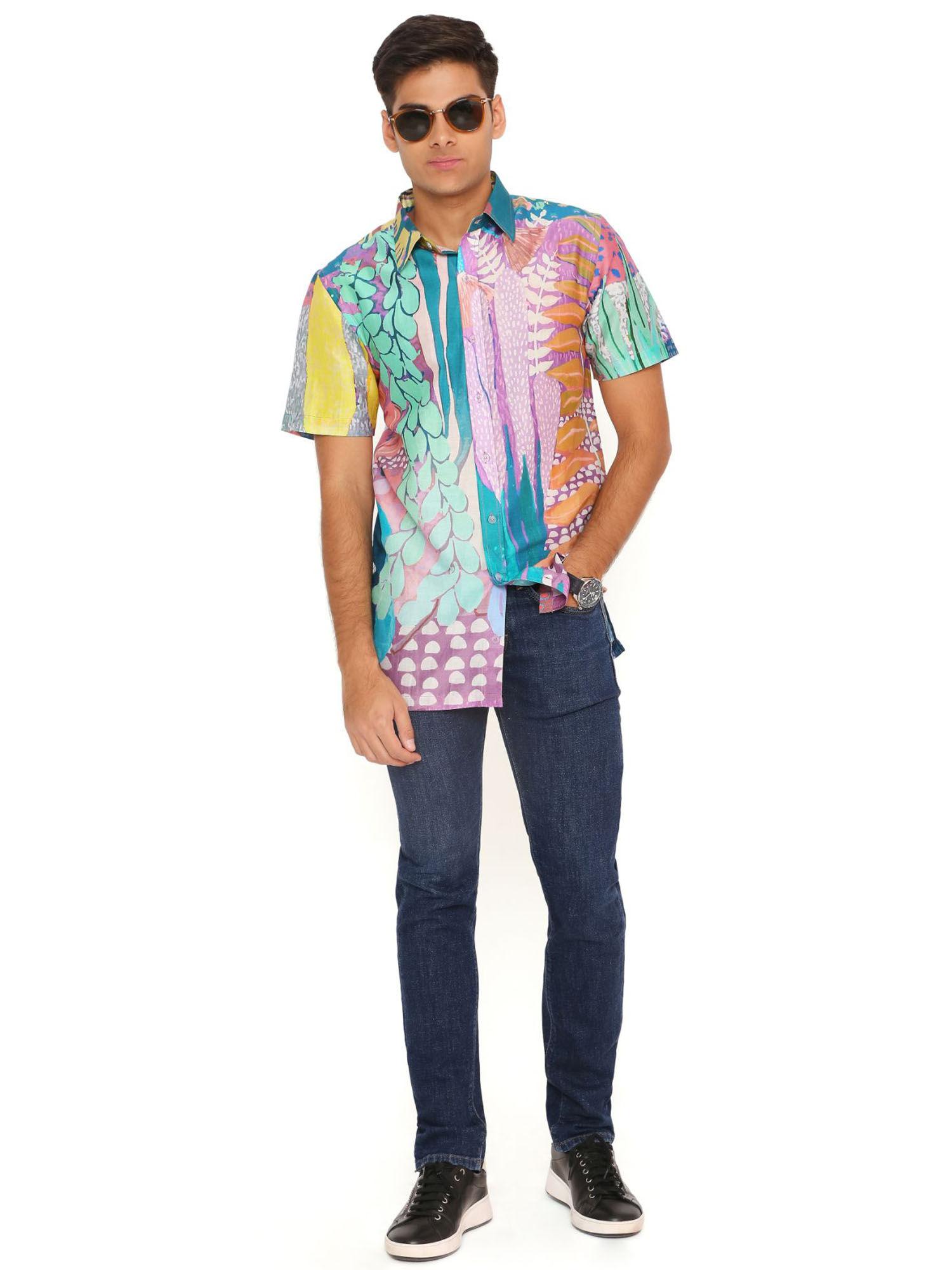 purple tropical print silkmul shirt