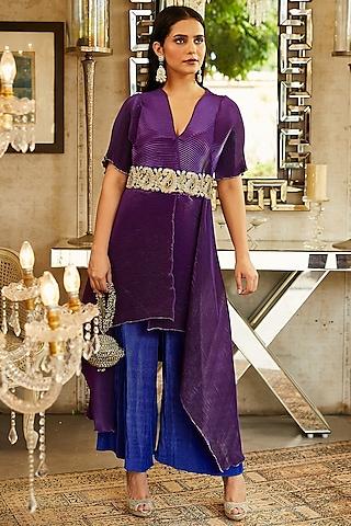 purple tunic set in pleated polyester