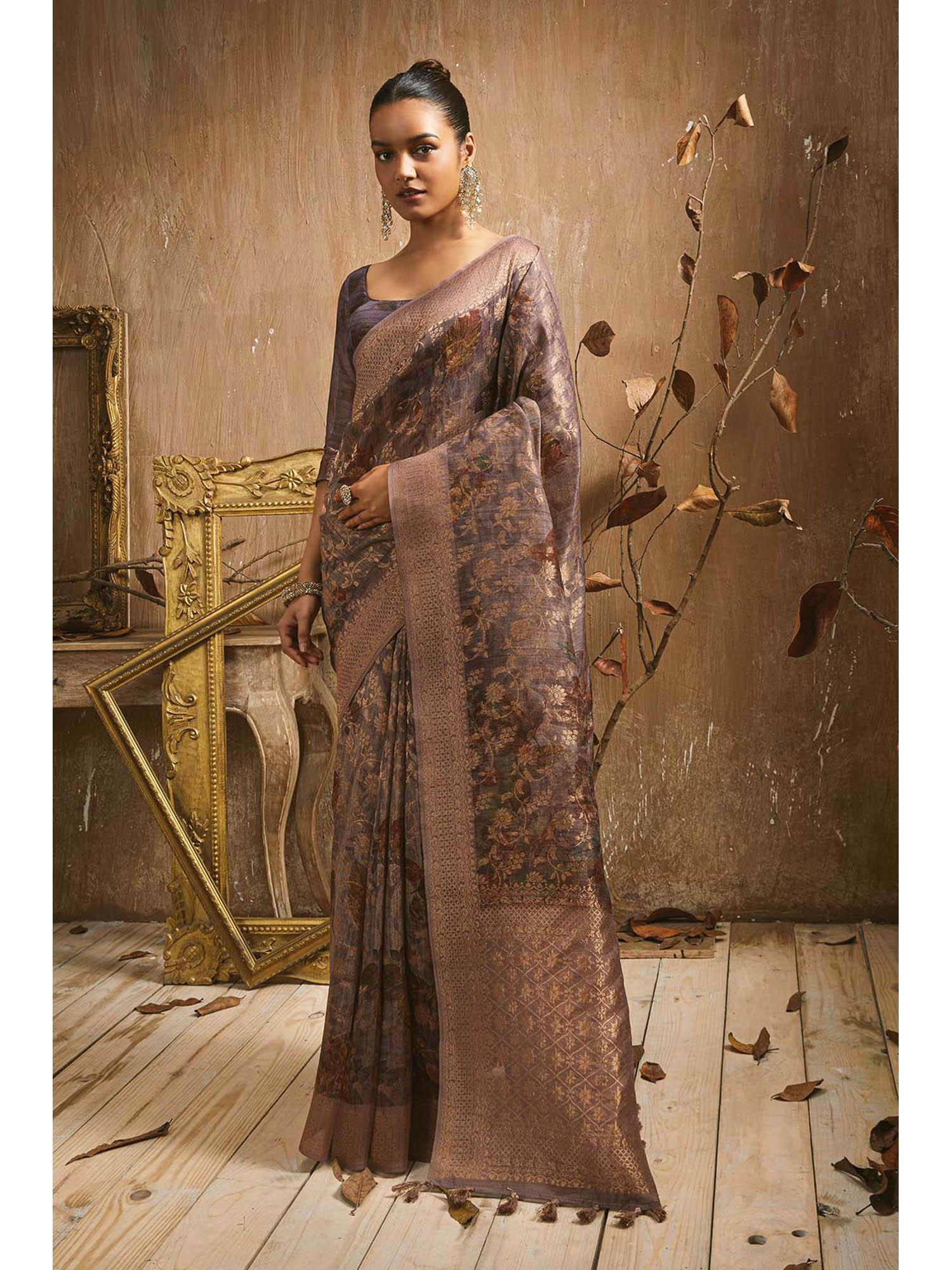 purple tussar silk floral print and zari woven designs saree with unstitched blouse