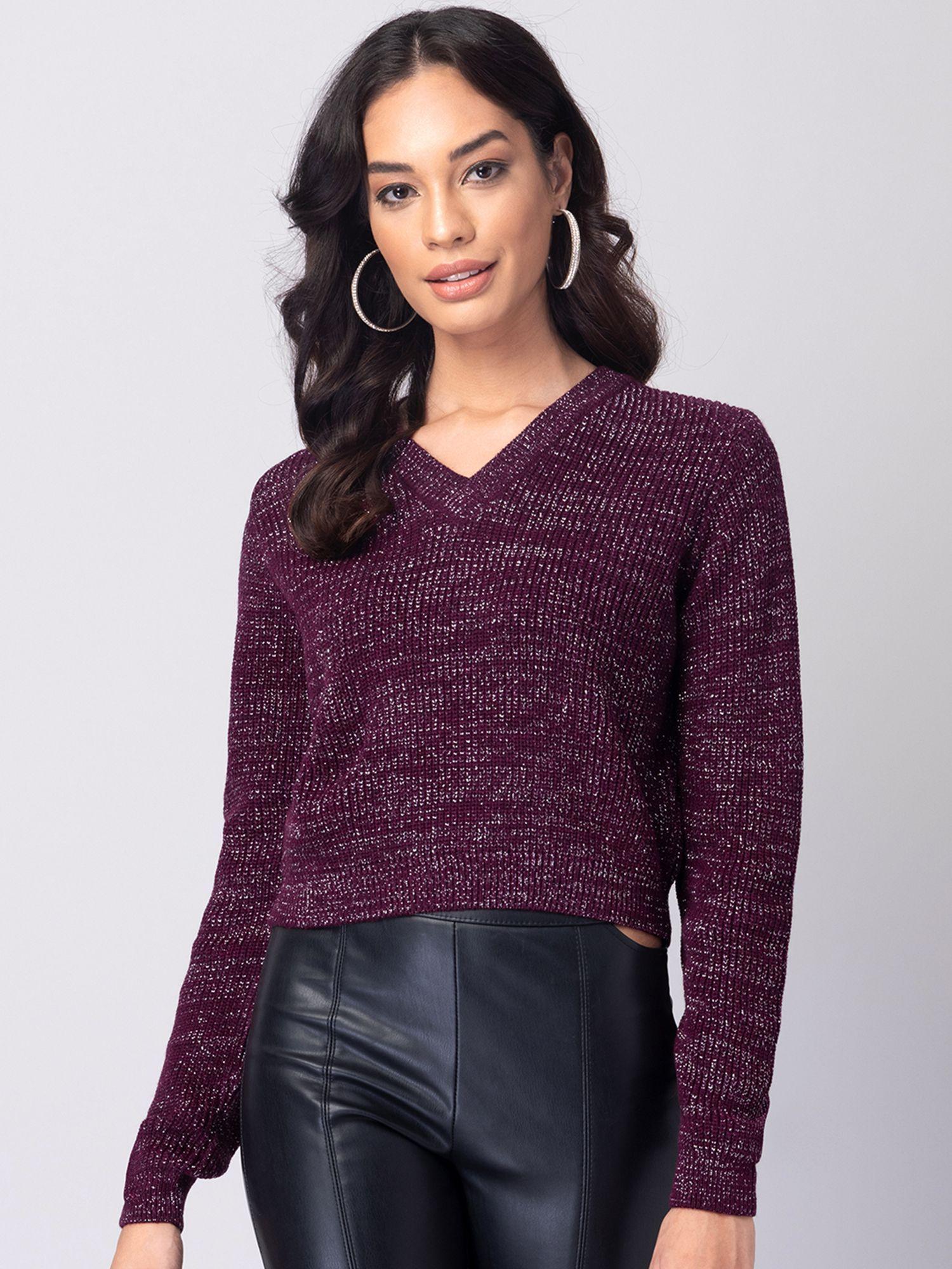 purple v-neck crop sweater