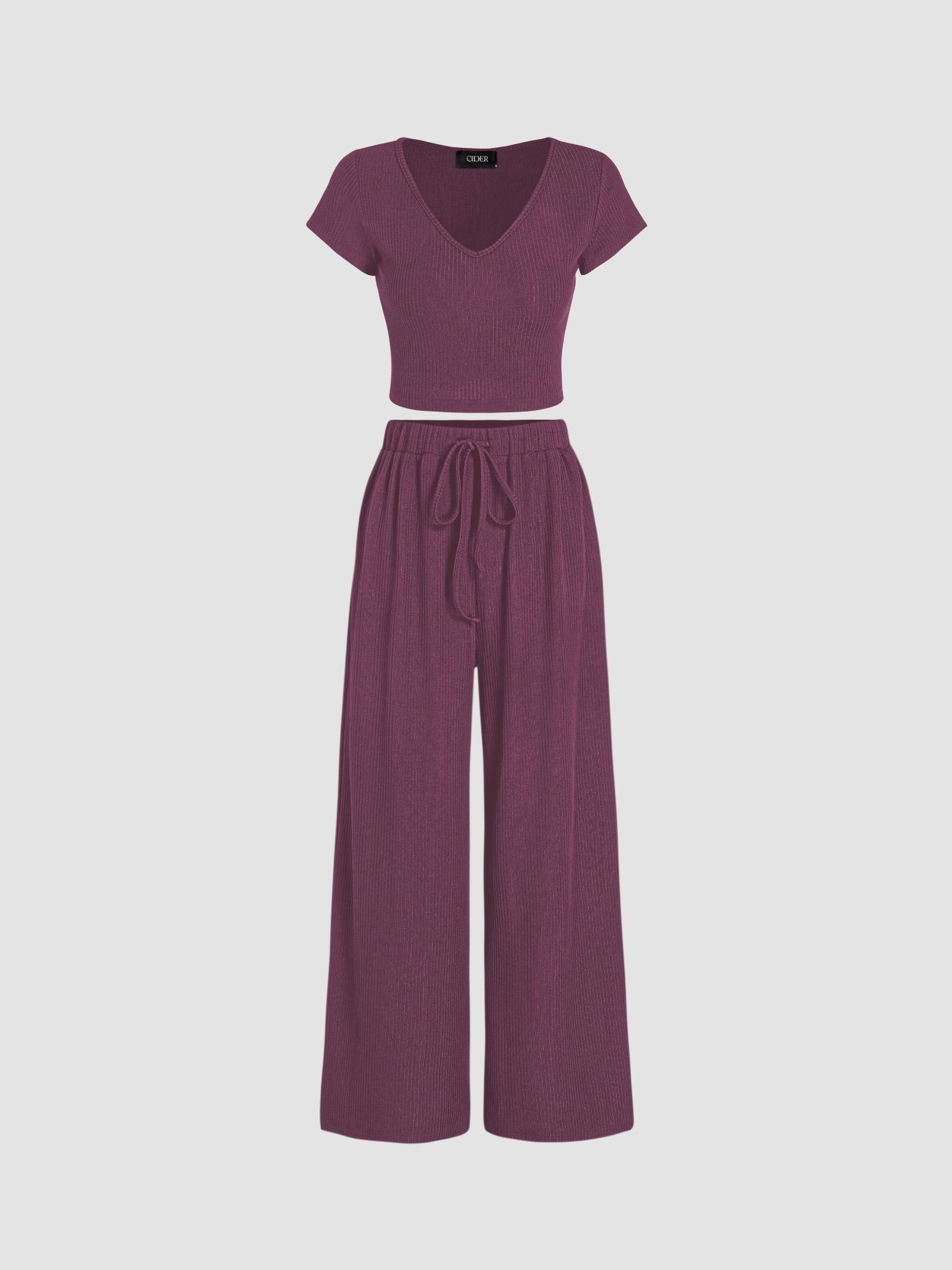 purple v-neck short sleeve crop tee and knotted wide leg pant (set of 2)