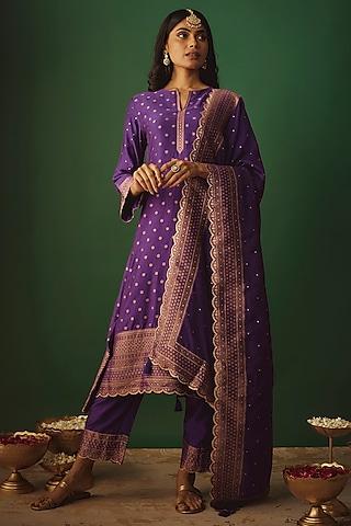 purple vegan silk woven zari work a-line kurta set