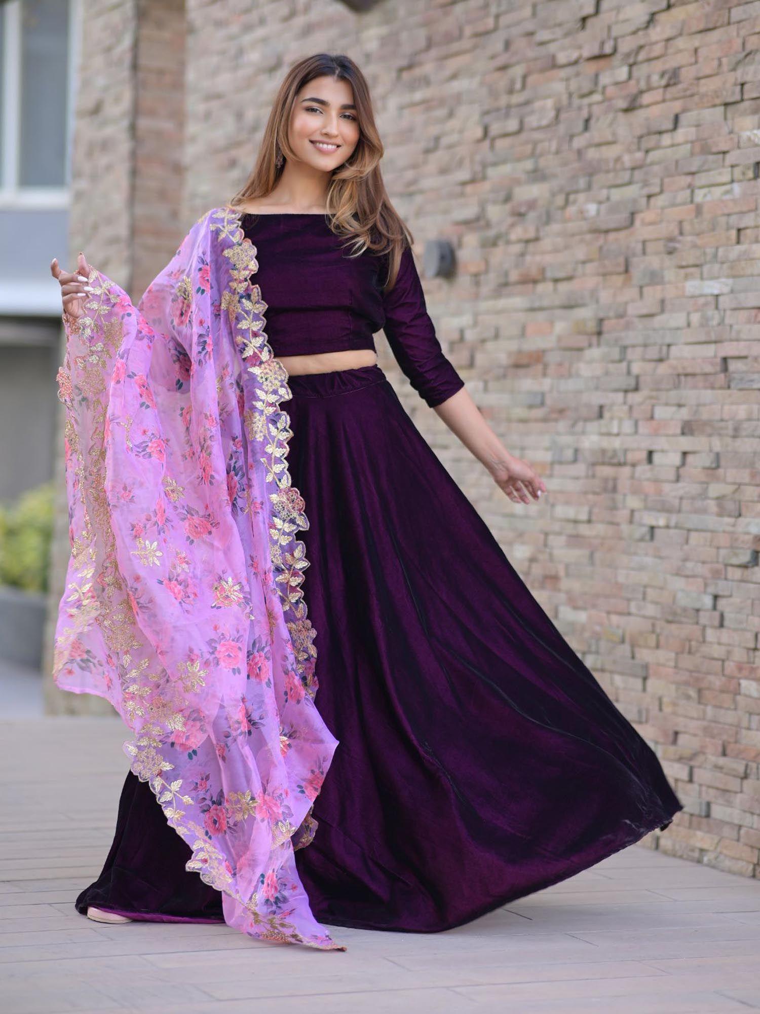 purple velvet crop top & lehenga with floral organza embroidered dupatta (set of 3)