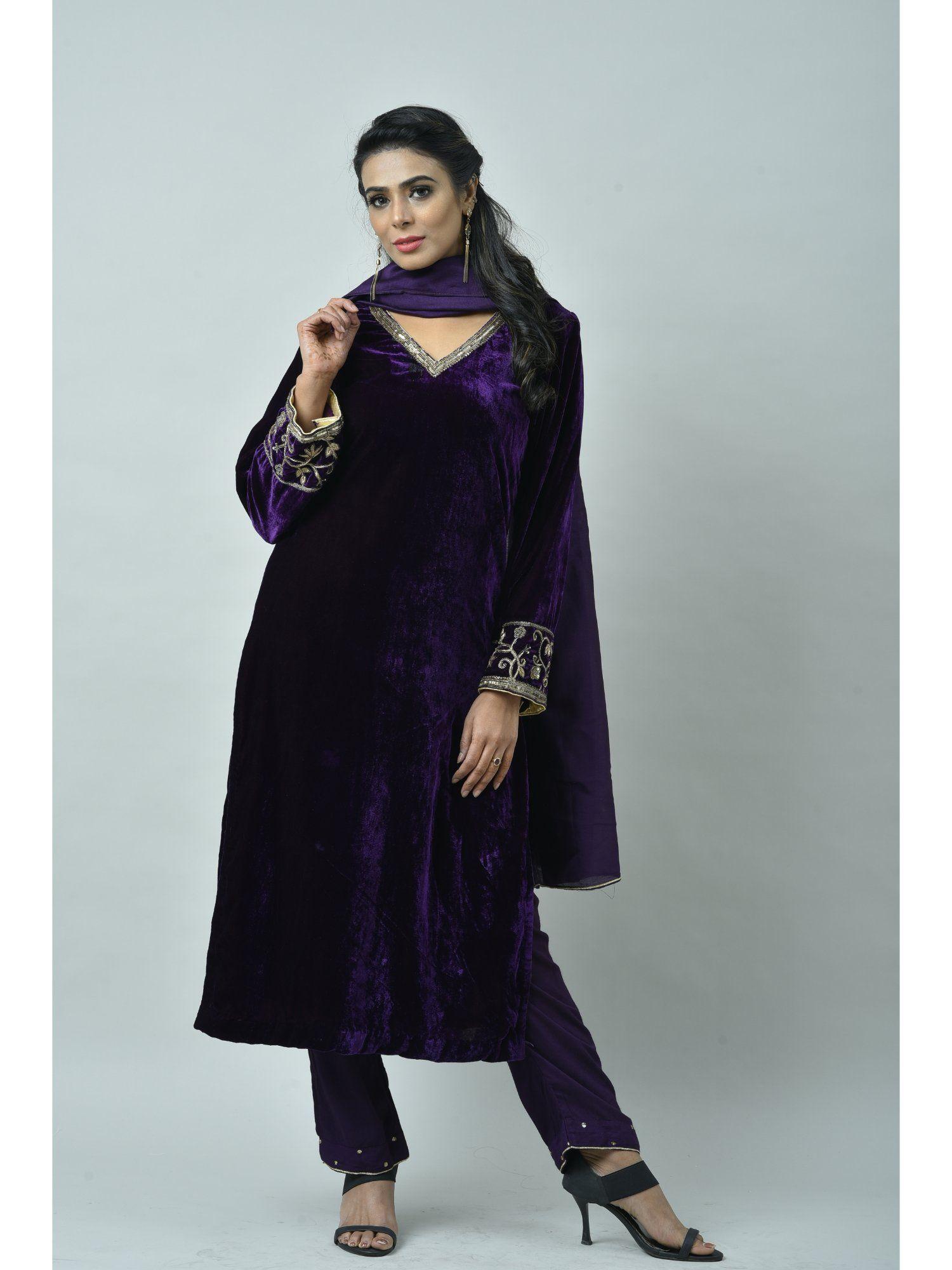 purple velvet embroidered & zardozi work kurta with pant & dupatta (set of 3)