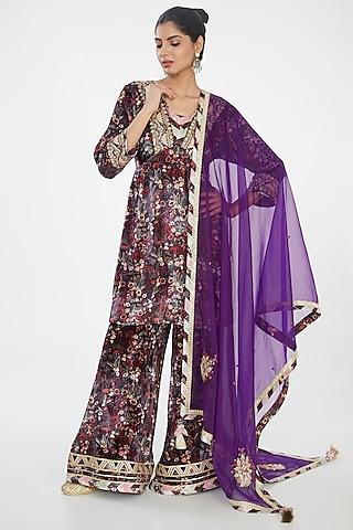 purple velvet hand embroidered & printed kurta set