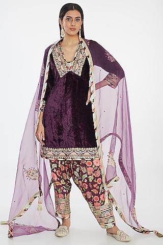 purple velvet hand embroidered kurta set