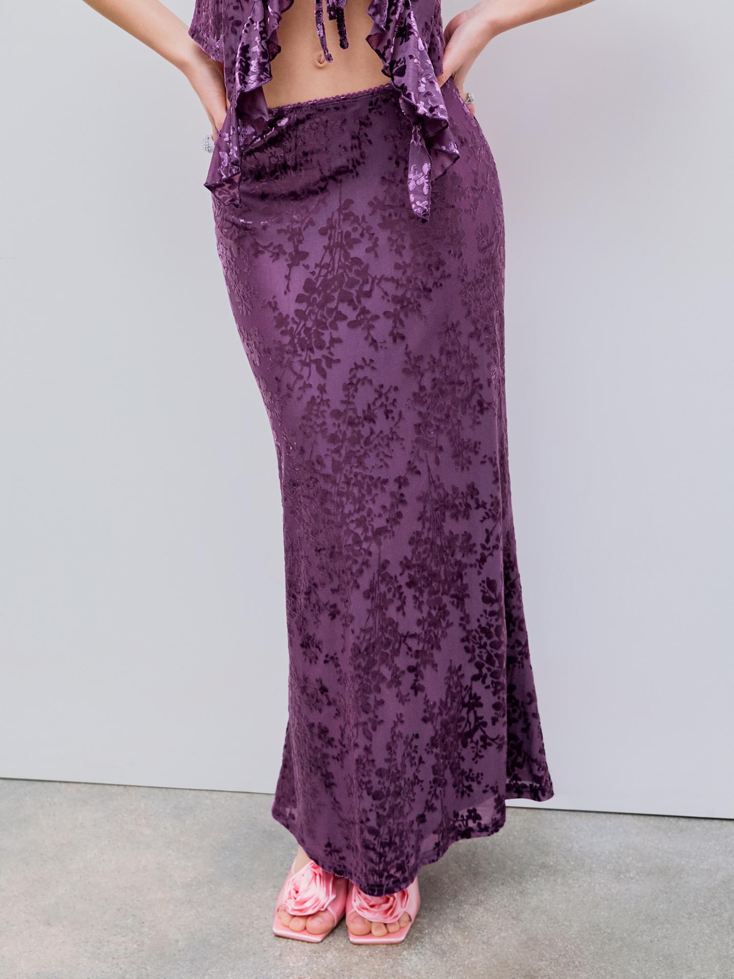 purple velvet mid rise floral maxi skirt