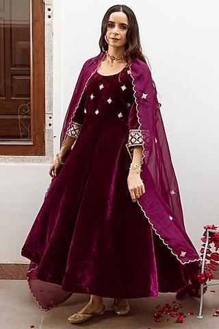 purple velvet zardosi & marori embroidered hand-dyed kurta set