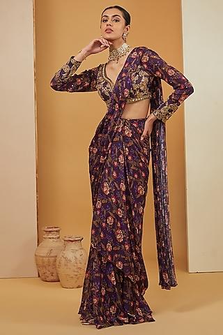 purple viscose chinon & crepe printed pre-draped saree set