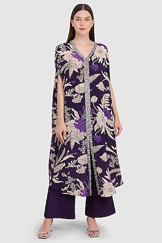 purple viscose crepe printed & hand embroidered cape set