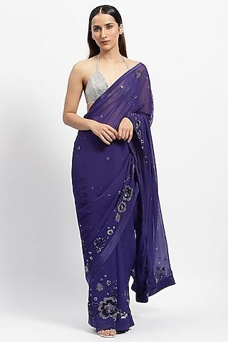 purple viscose georgette cutdana embroidered saree