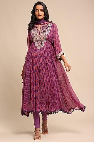 purple viscose printed & embroidered kurta set