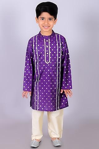 purple viscose rayon foil printed kurta set for boys