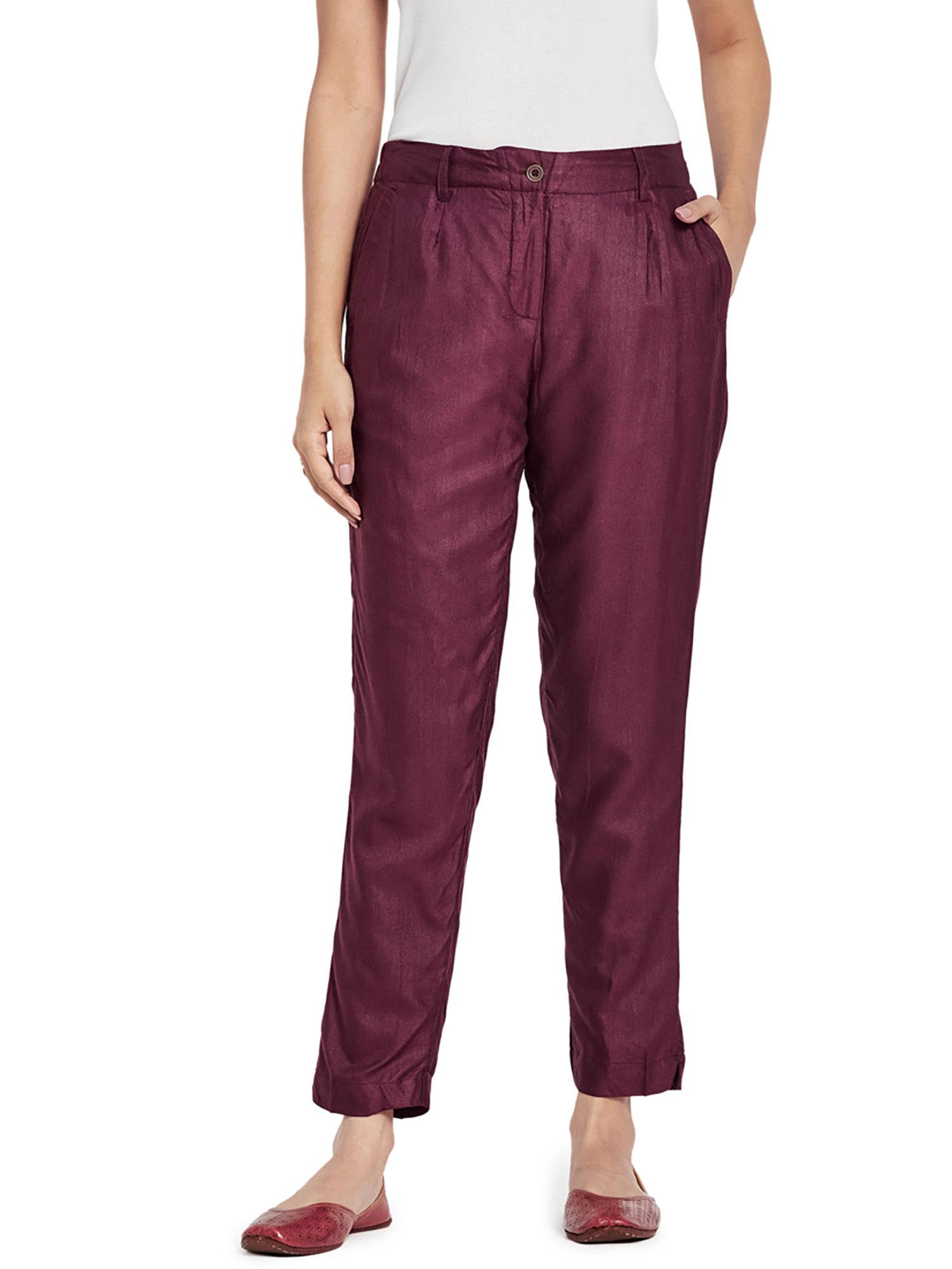 purple viscose silk elasticated casual slim fit pant