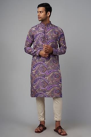 purple viscose silk paisley digital printed kurta set for boys