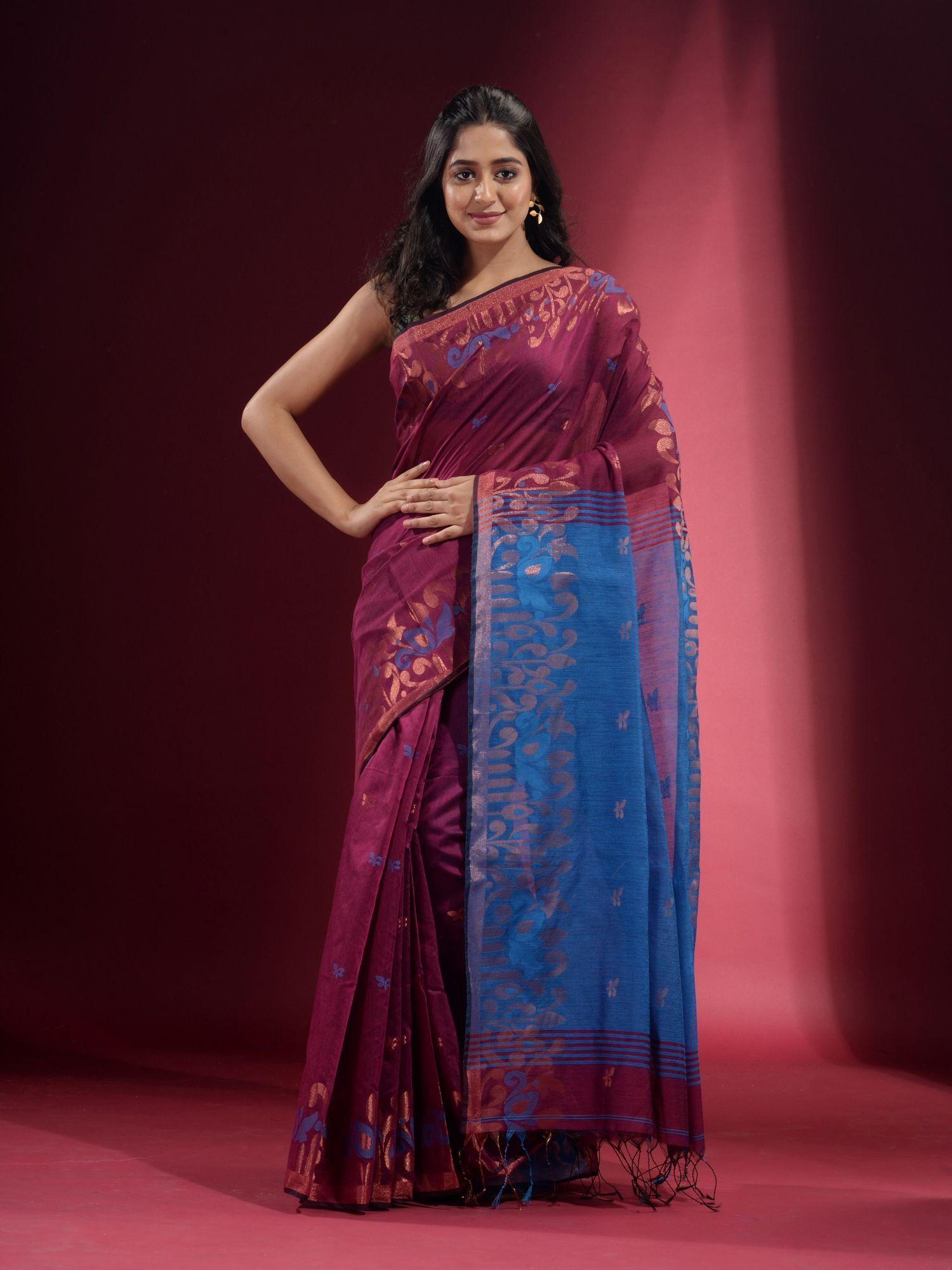 purple with zari ethnic pattern saree with unstitched blouse