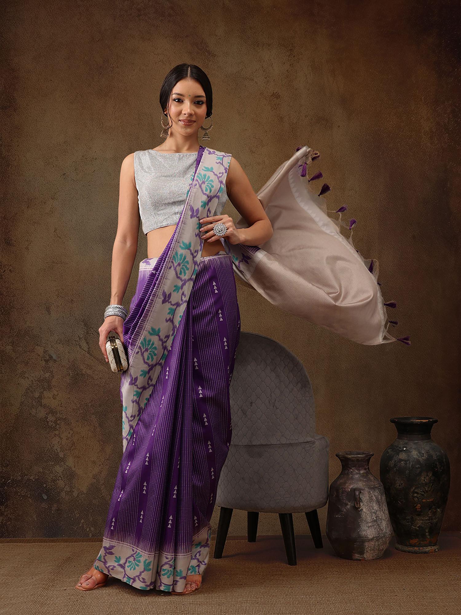 purple women's soft silk printed saree with tassels with unstitched blouse