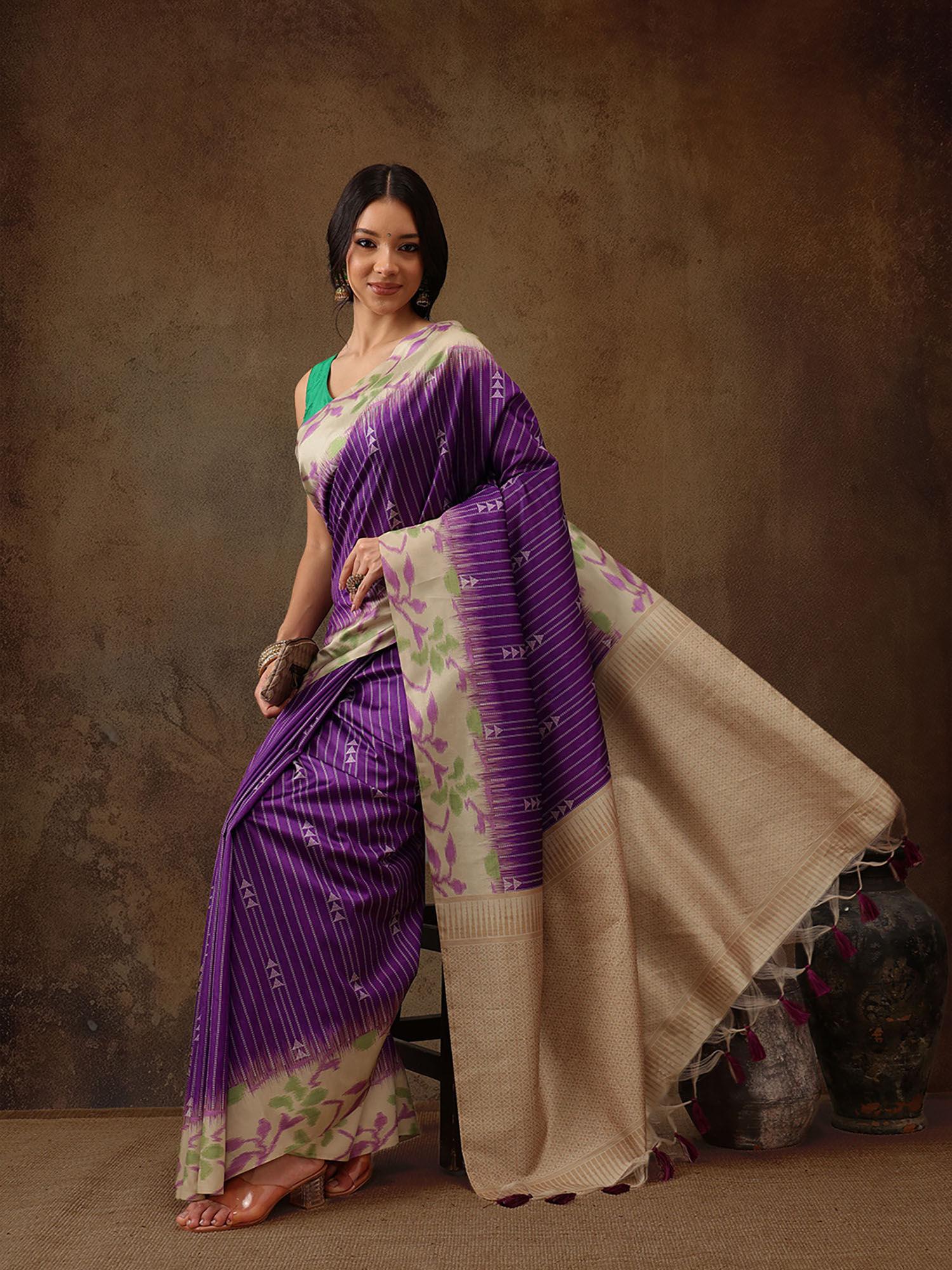 purple women's soft silk printed saree with tassels with unstitched blouse