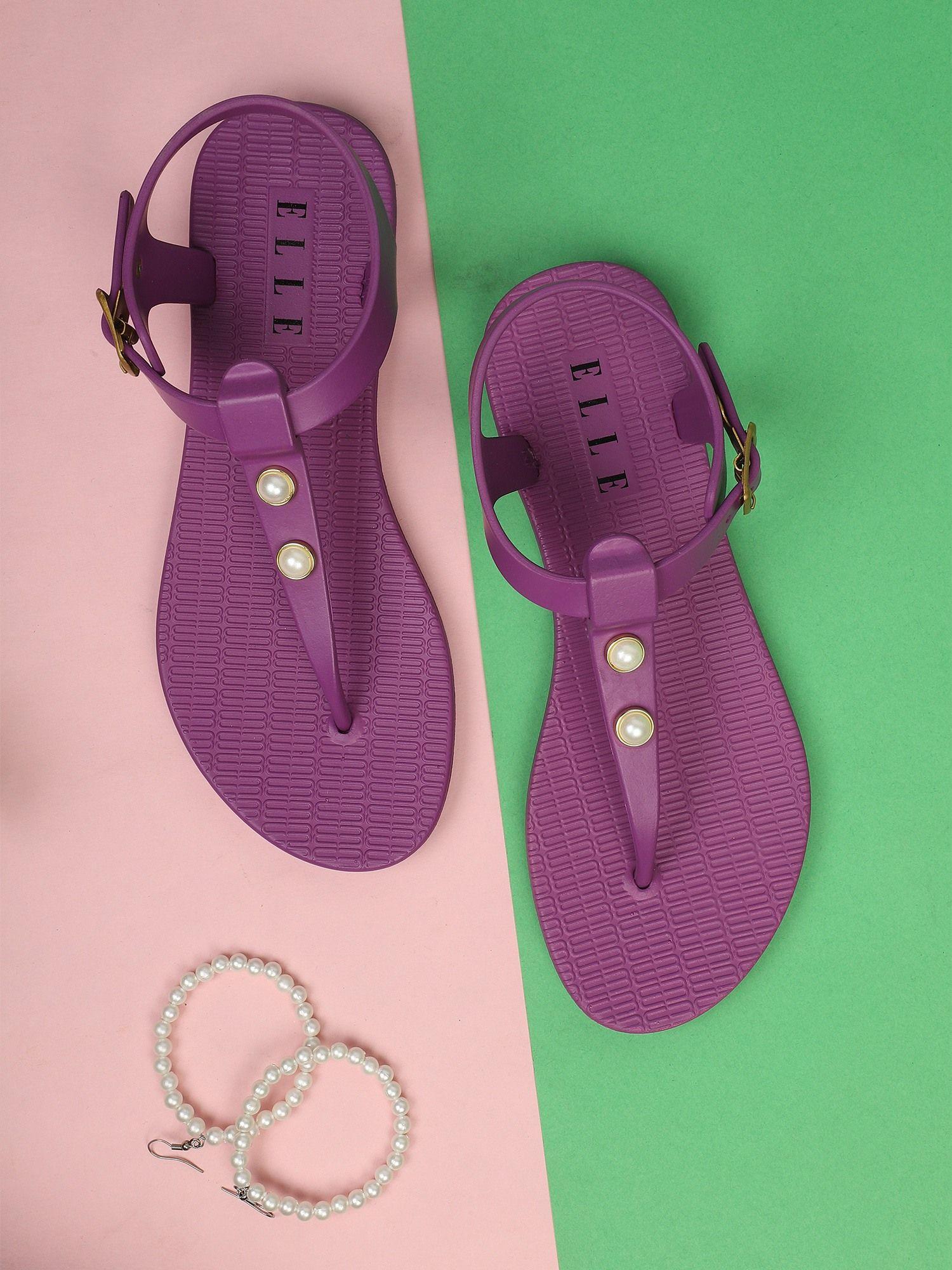 purple women buckle flipflops