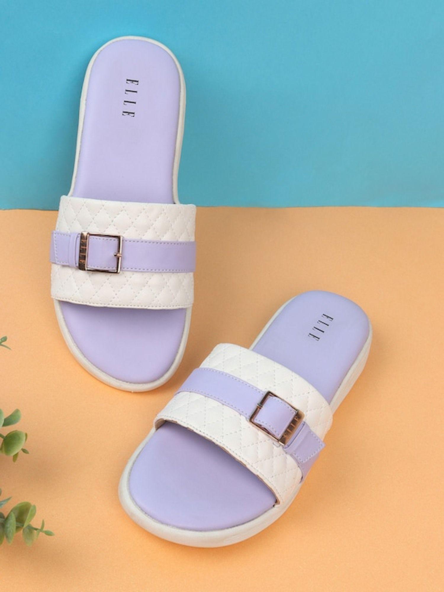 purple women buckle sliders