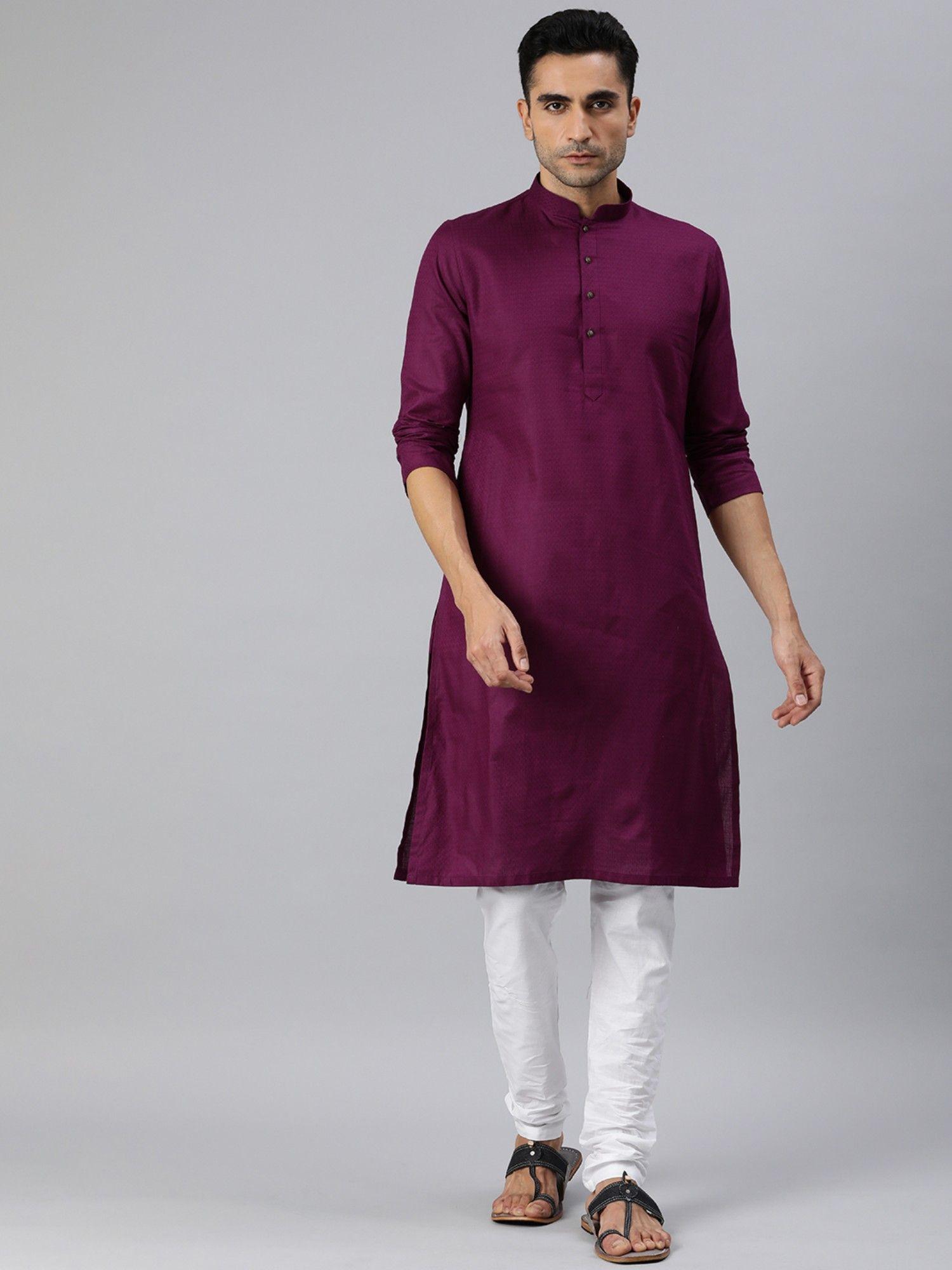 purple woven cotton full sleeves kurta (set of 2)
