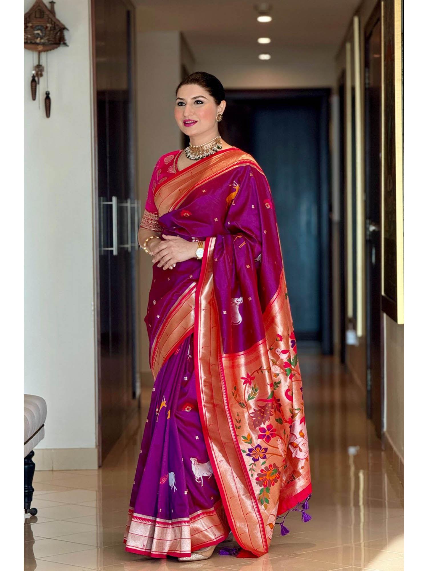 purple woven design pathani pure silk saree with unstitched blouse