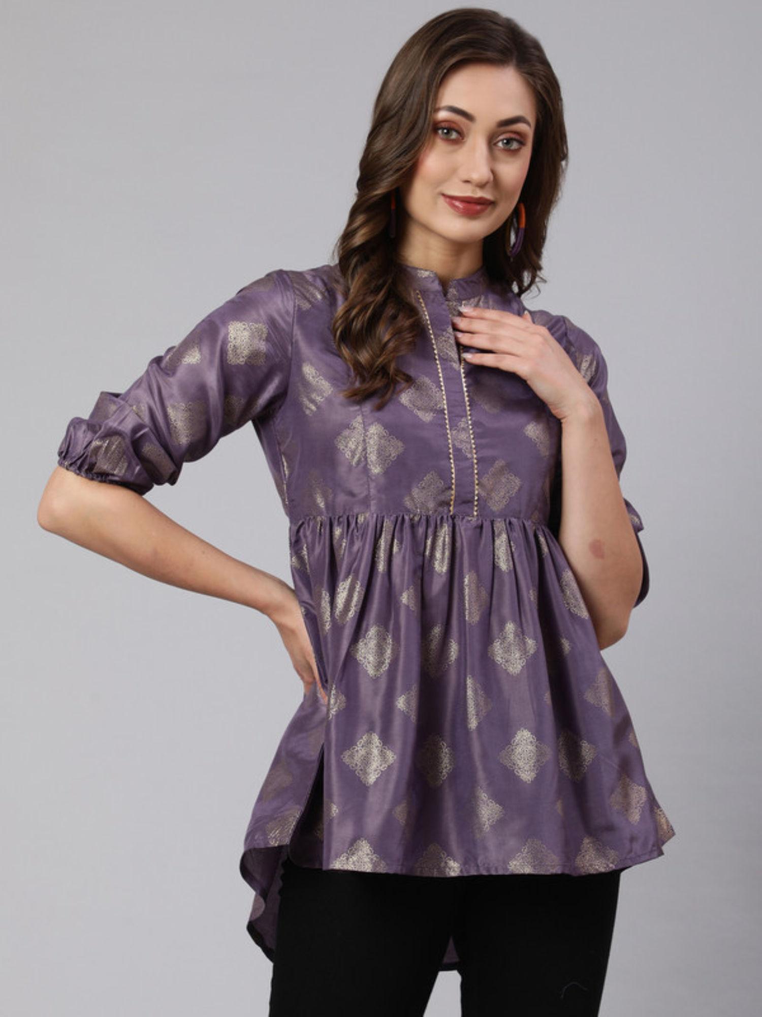 purple woven silk blend gold printed peplum hip-low tunic