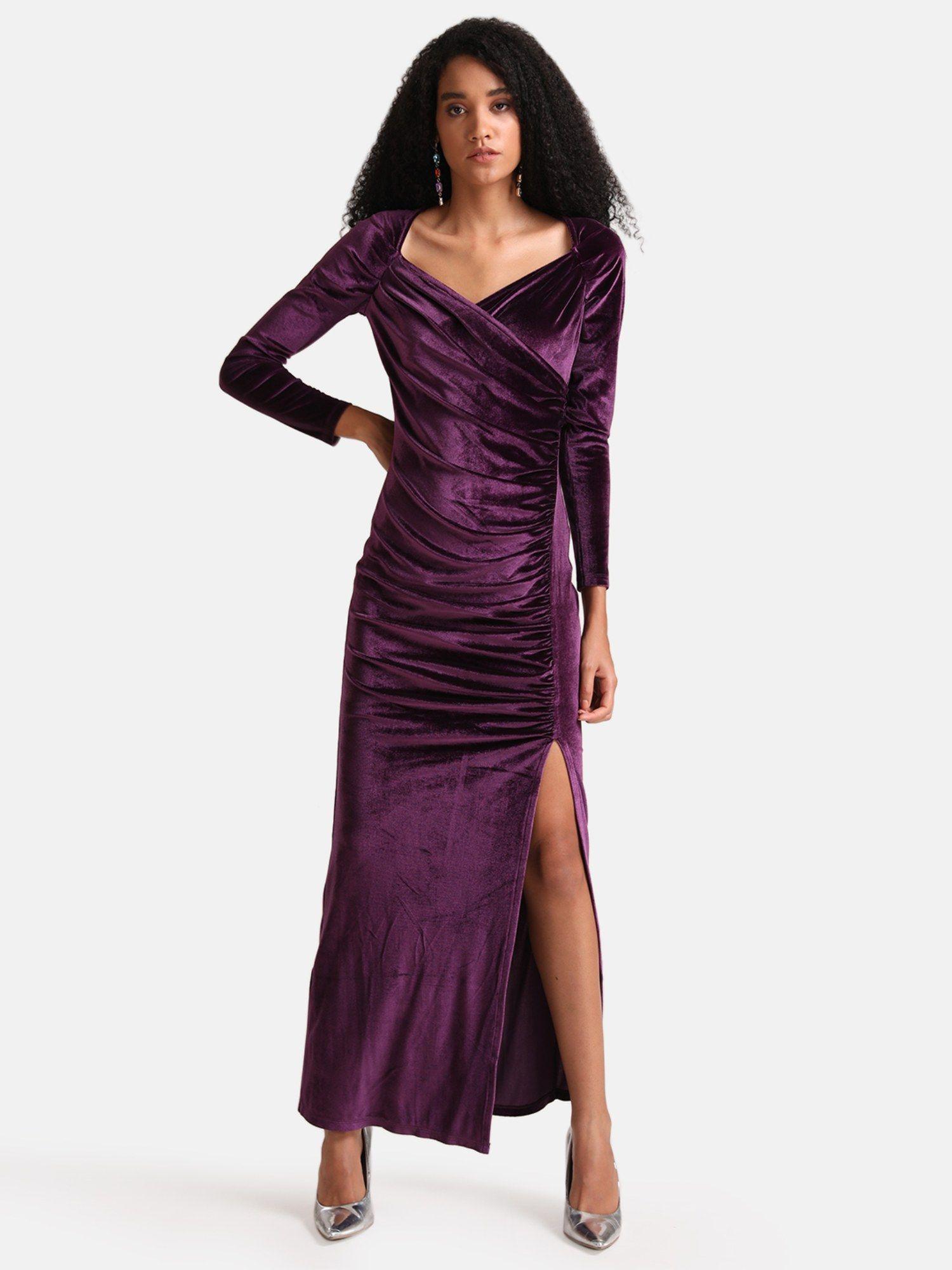 purple wrap detail maxi dress with slit