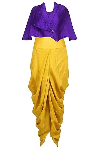 purple wrapped cape with mustard dhoti pants