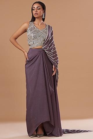 purple wrinkle shimmer chiffon embroidered pre-draped saree set