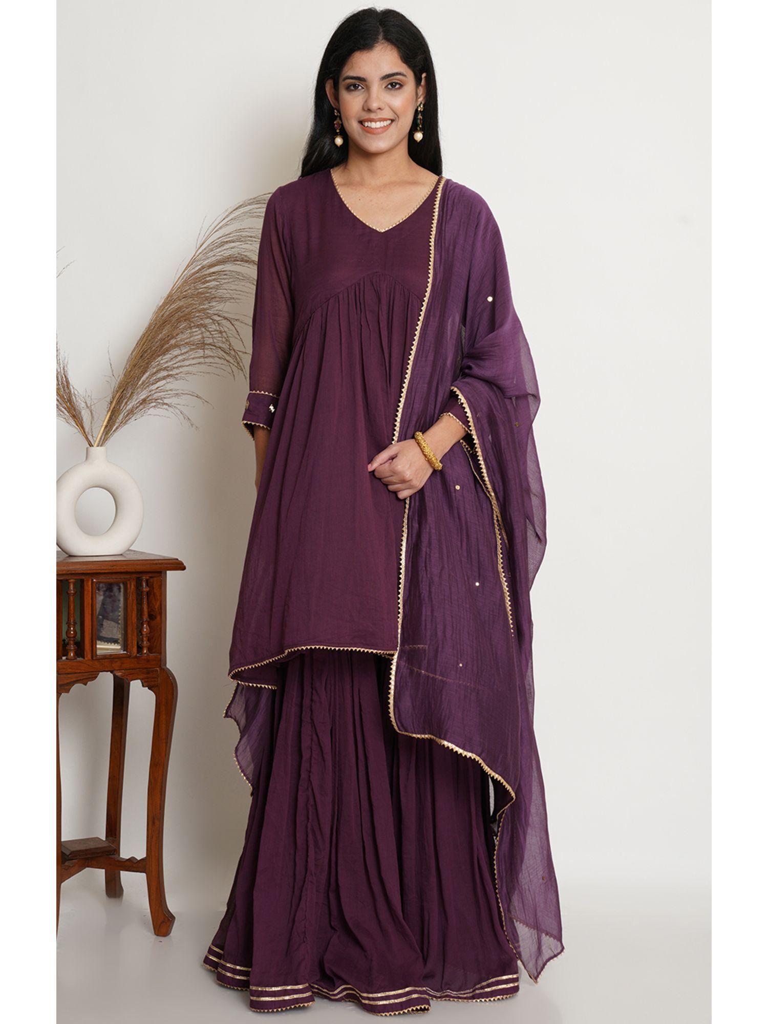 purple yoke kurta with sharara and dupatta (set of 3)