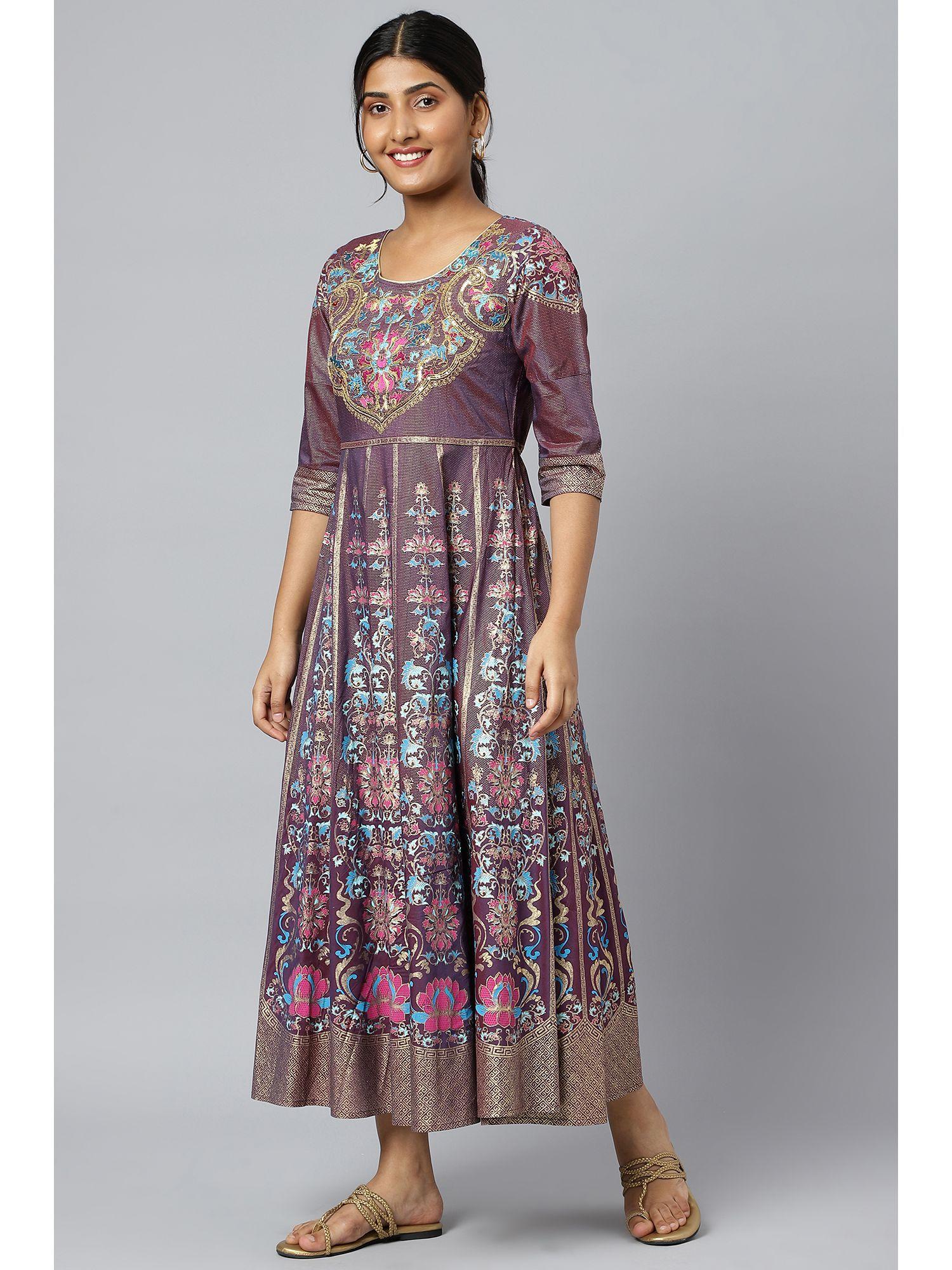 purple zari embroidered a-line ethnic dress