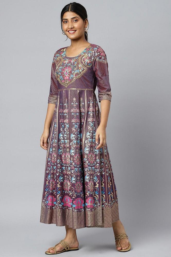 purple zari embroidered a-line ethnic dress