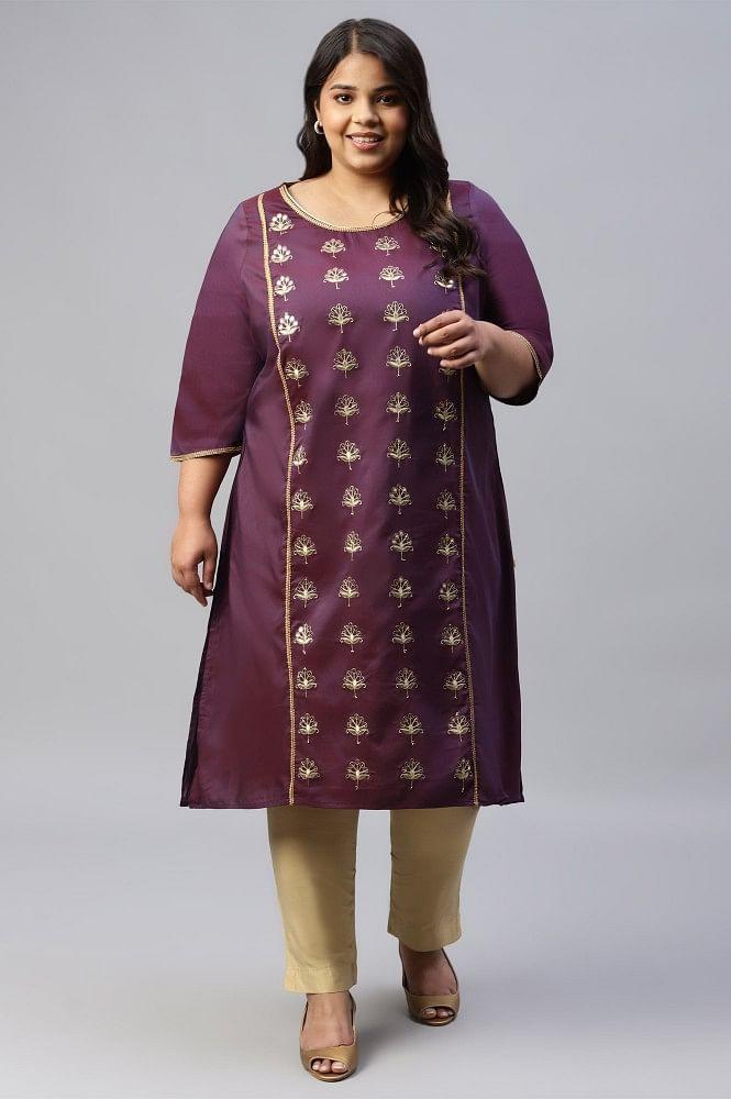 purple zari embroidered plus size liva kurta