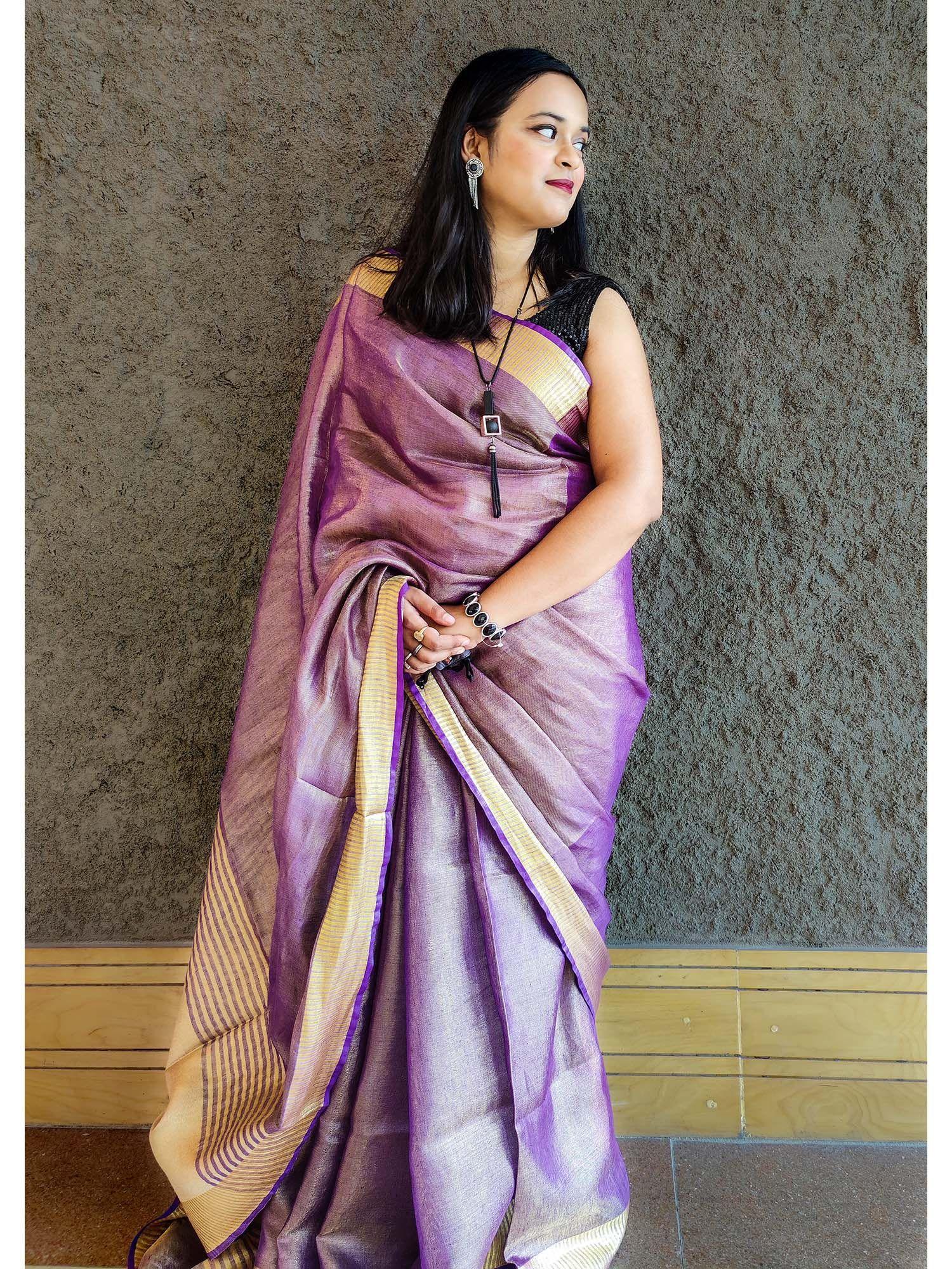 purple zari linen saree with unstitched blouse by apaapi