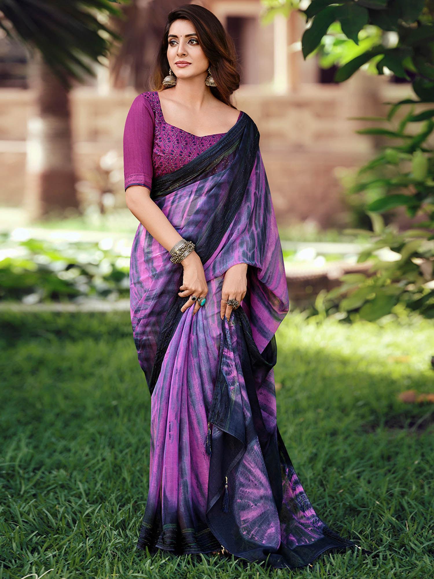 purple zari silk tie dye print stitched border saree with unstitched blouse