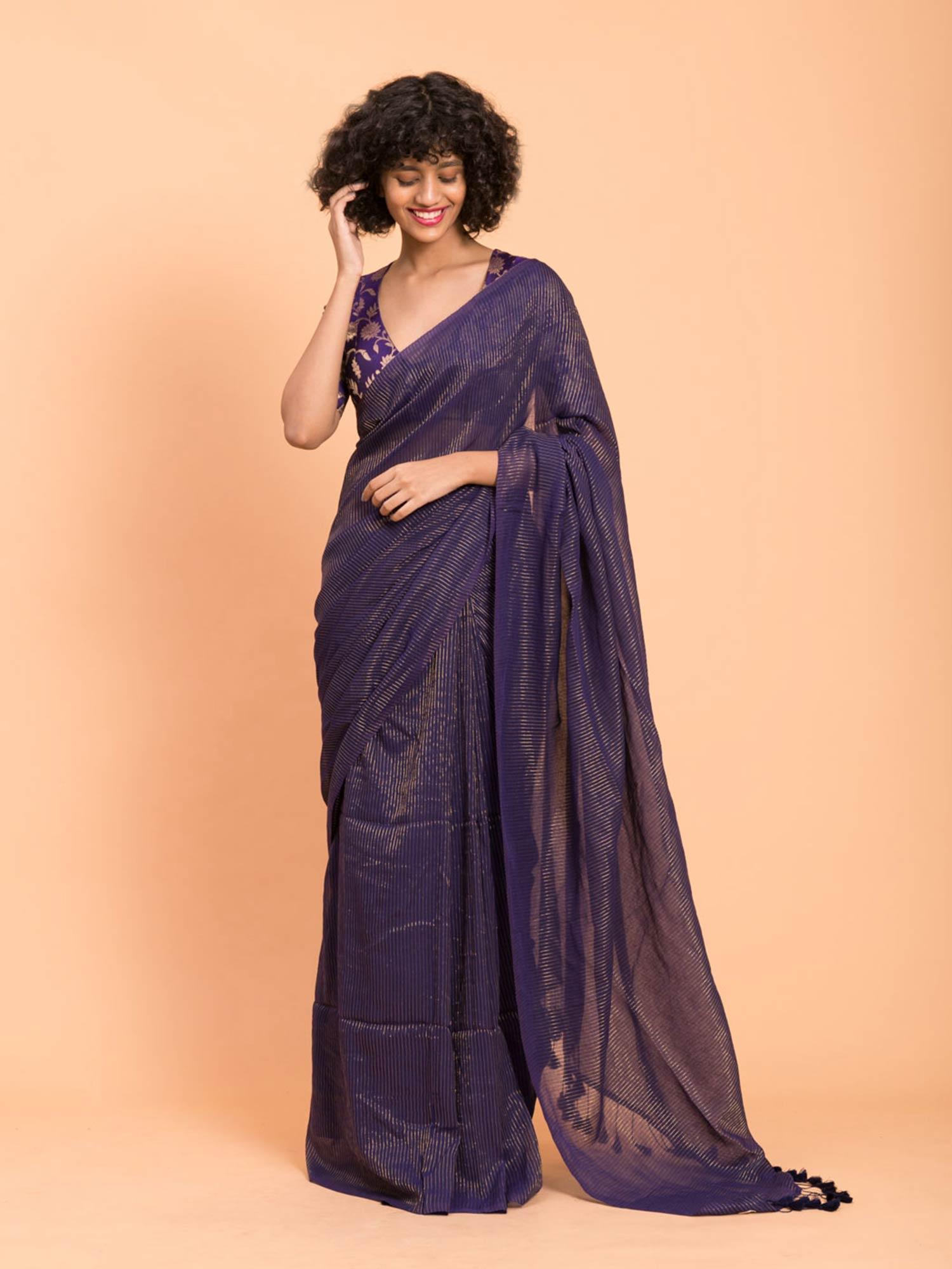 purple zari striped pure cotton handloom saree without blouse