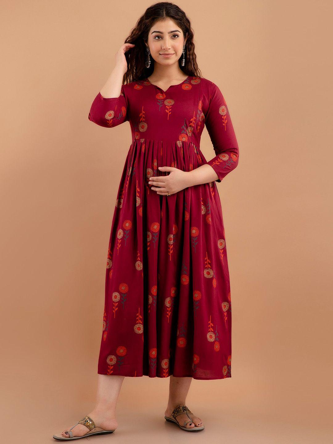 purshottam wala ethnic motifs printed fit & flare maternity midi ethnic dress