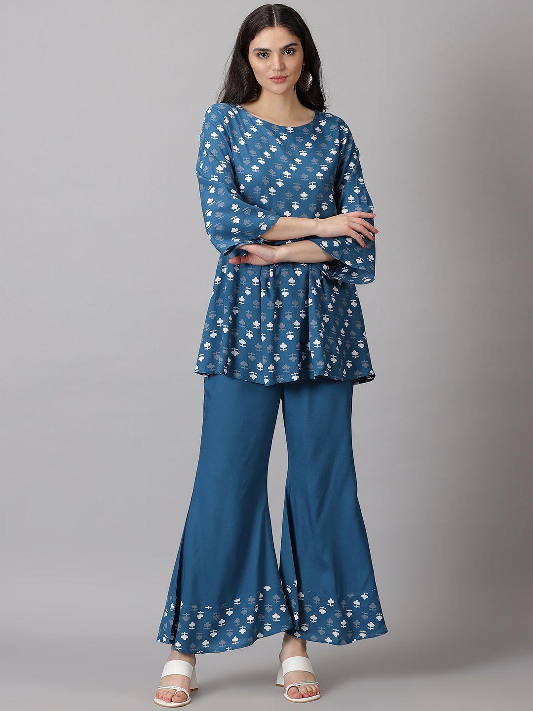 purshottam wala women blue ethnic motifs printed empire top with palazzos
