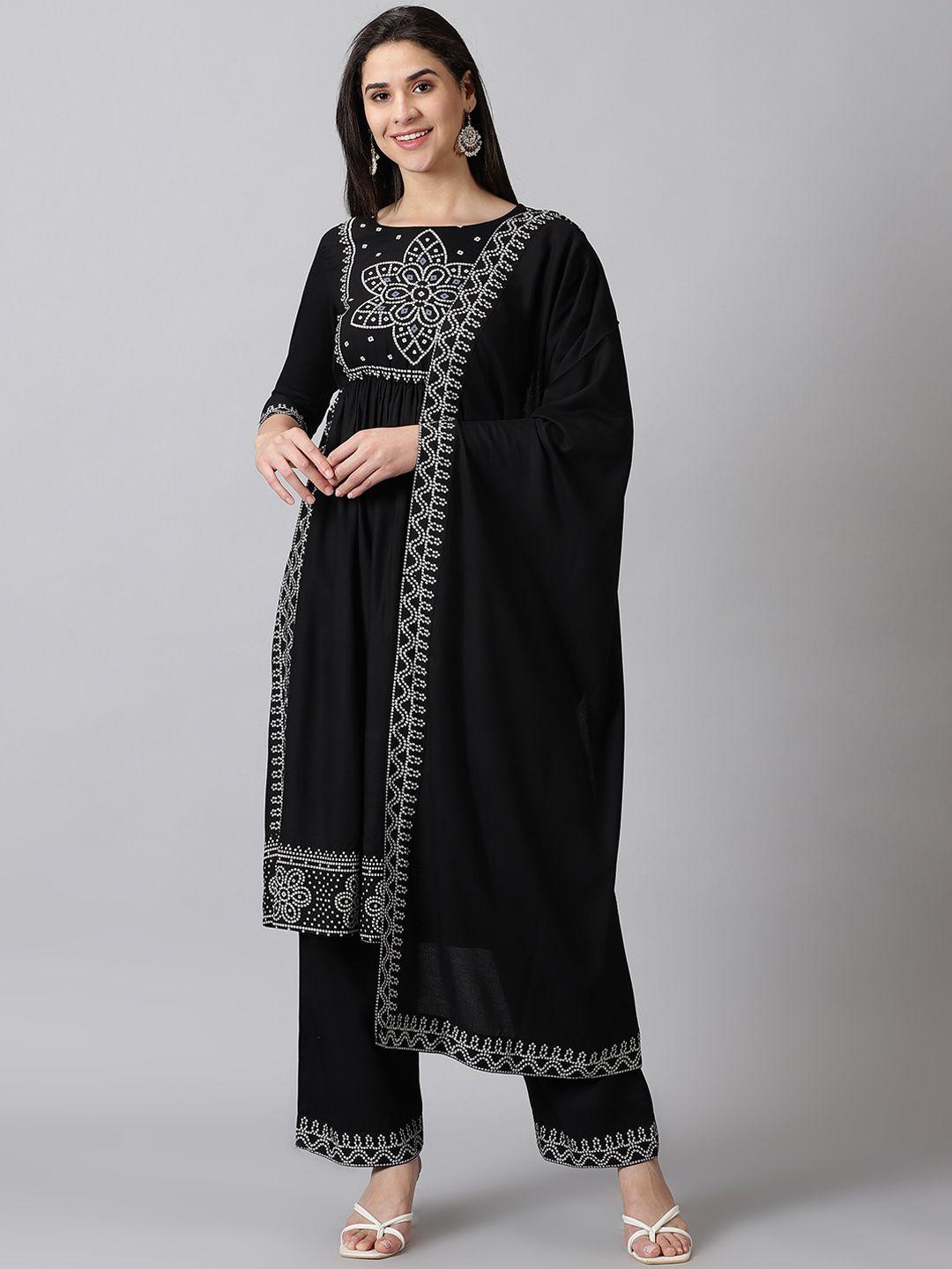 purshottam wala bandhani printed boat neck anarkali kurta with palazzos & dupatta