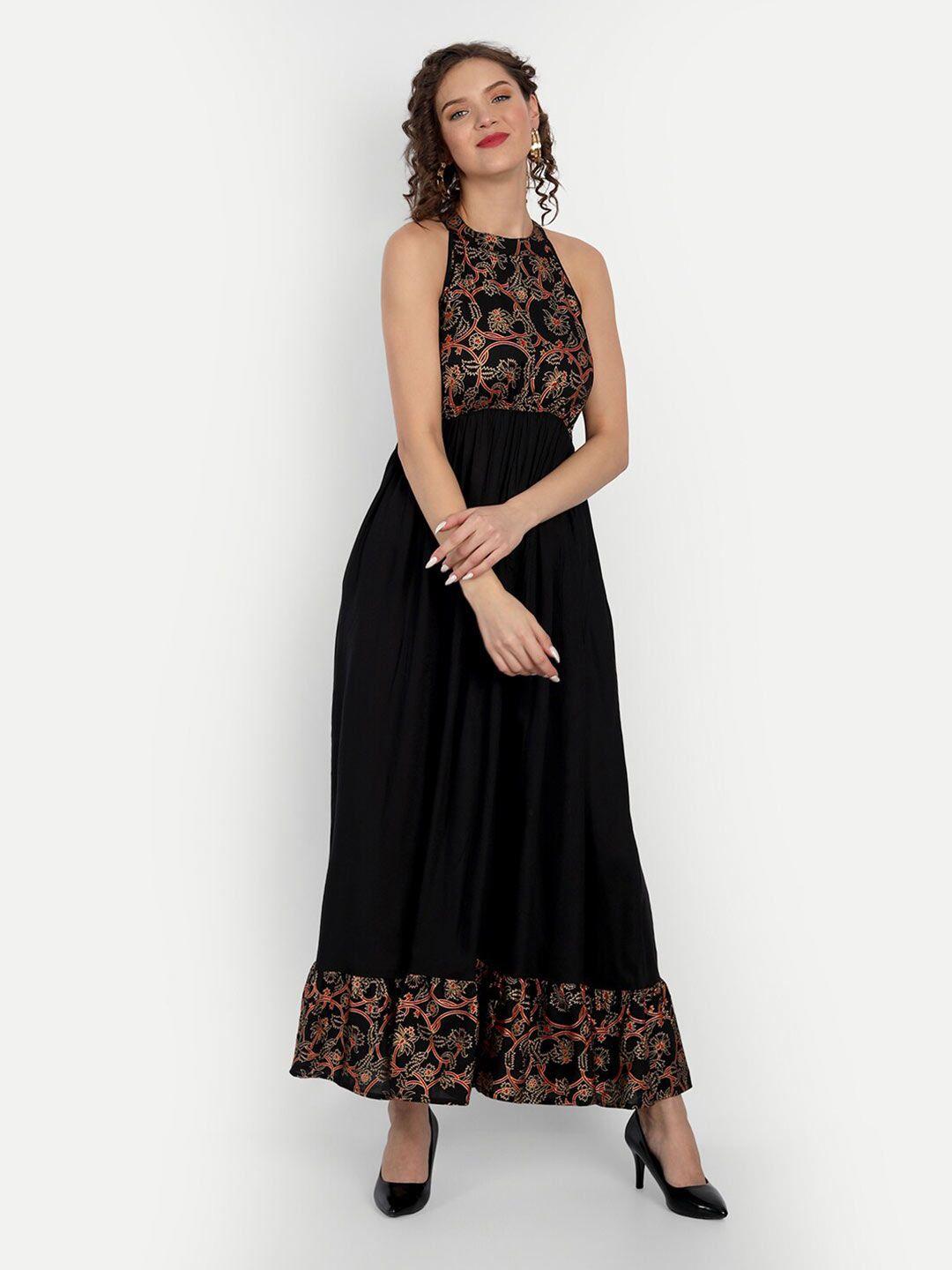 purshottam wala black & xiketic floral halter neck maxi dress