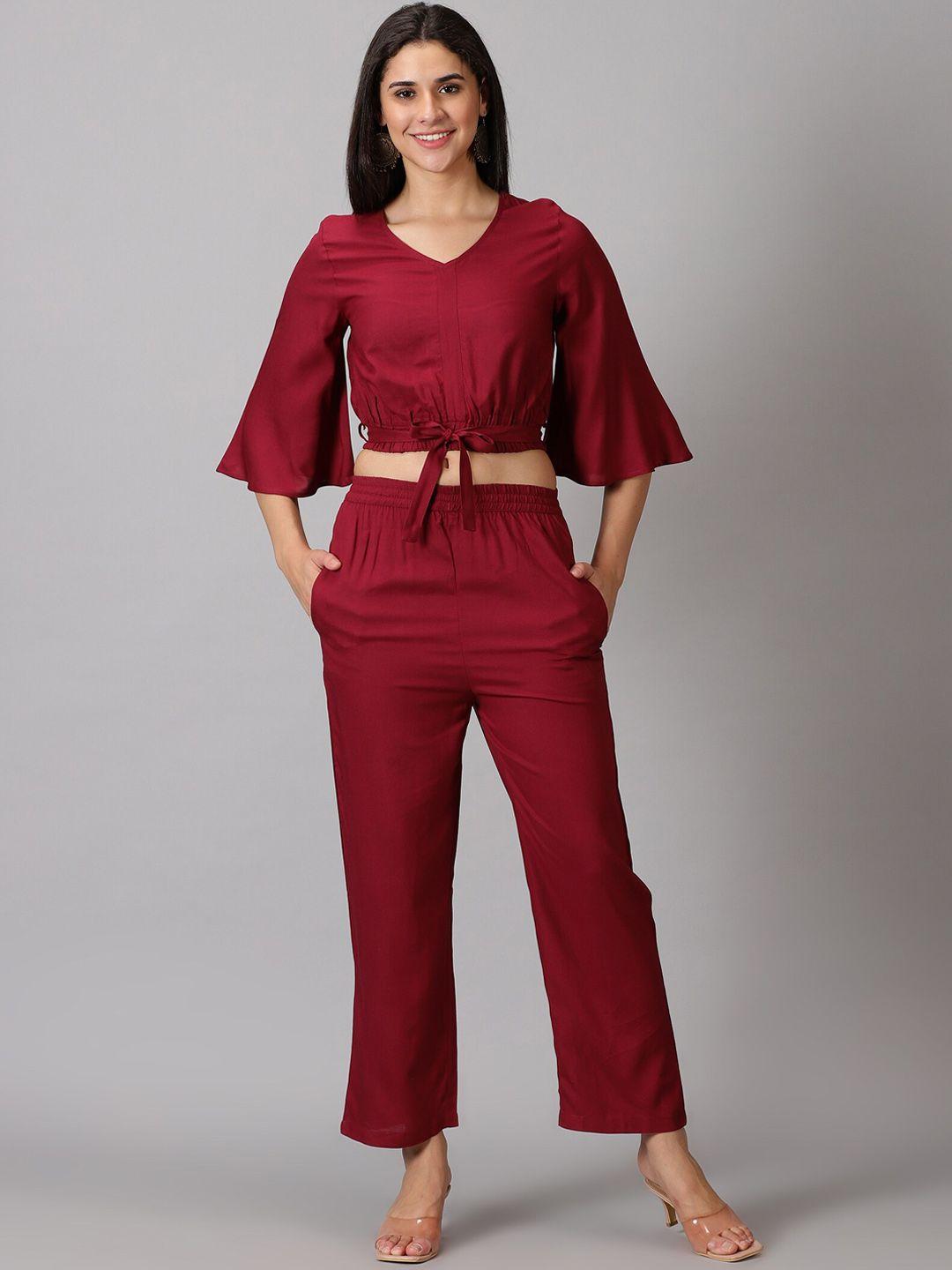 purshottam wala v-neck flared sleeve blouson top with trousers