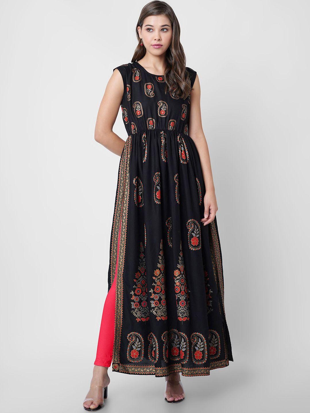 purshottam wala women black ethnic motifs printed thread work kurta