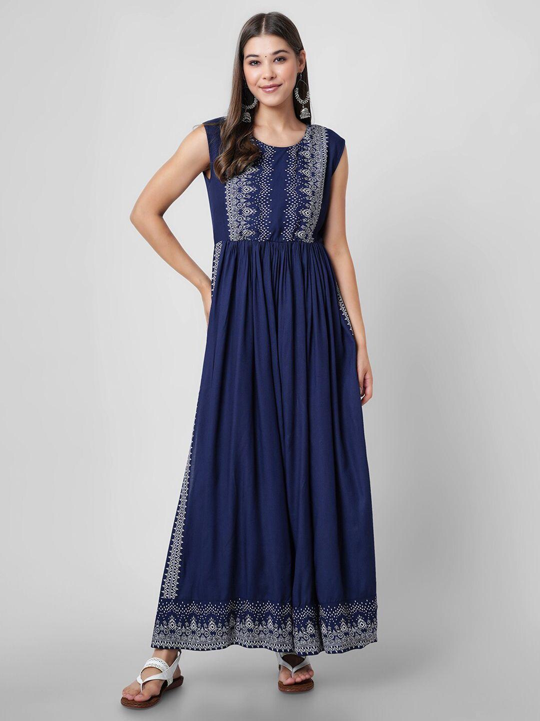 purshottam wala women blue & white ethnic motifs printed sleeveless maxi dress