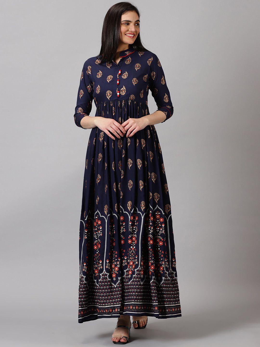 purshottam wala women blue ethnic motifs embroidered flared sleeves thread work floral anarkali kurta