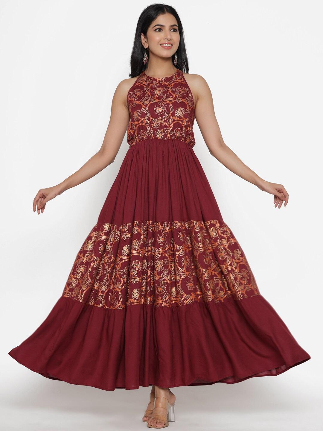 purshottam wala women maroon floral maxi dress