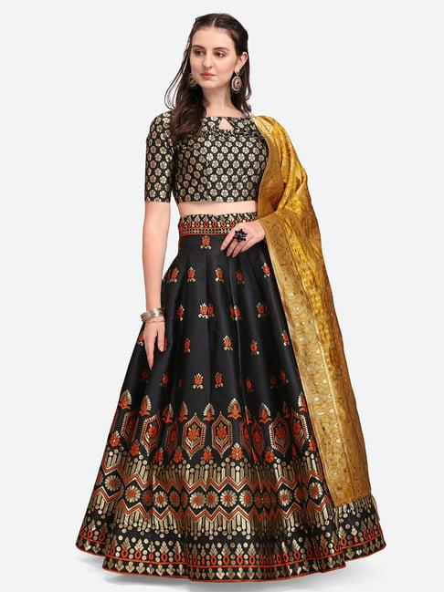 purvaja black & gold printed stitched lehenga & unstitched blouse with dupatta