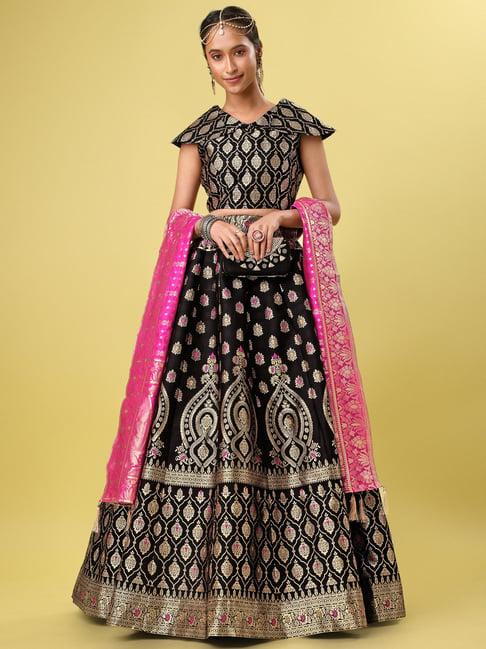 purvaja black & gold printed stitched lehenga & unstitched blouse with dupatta