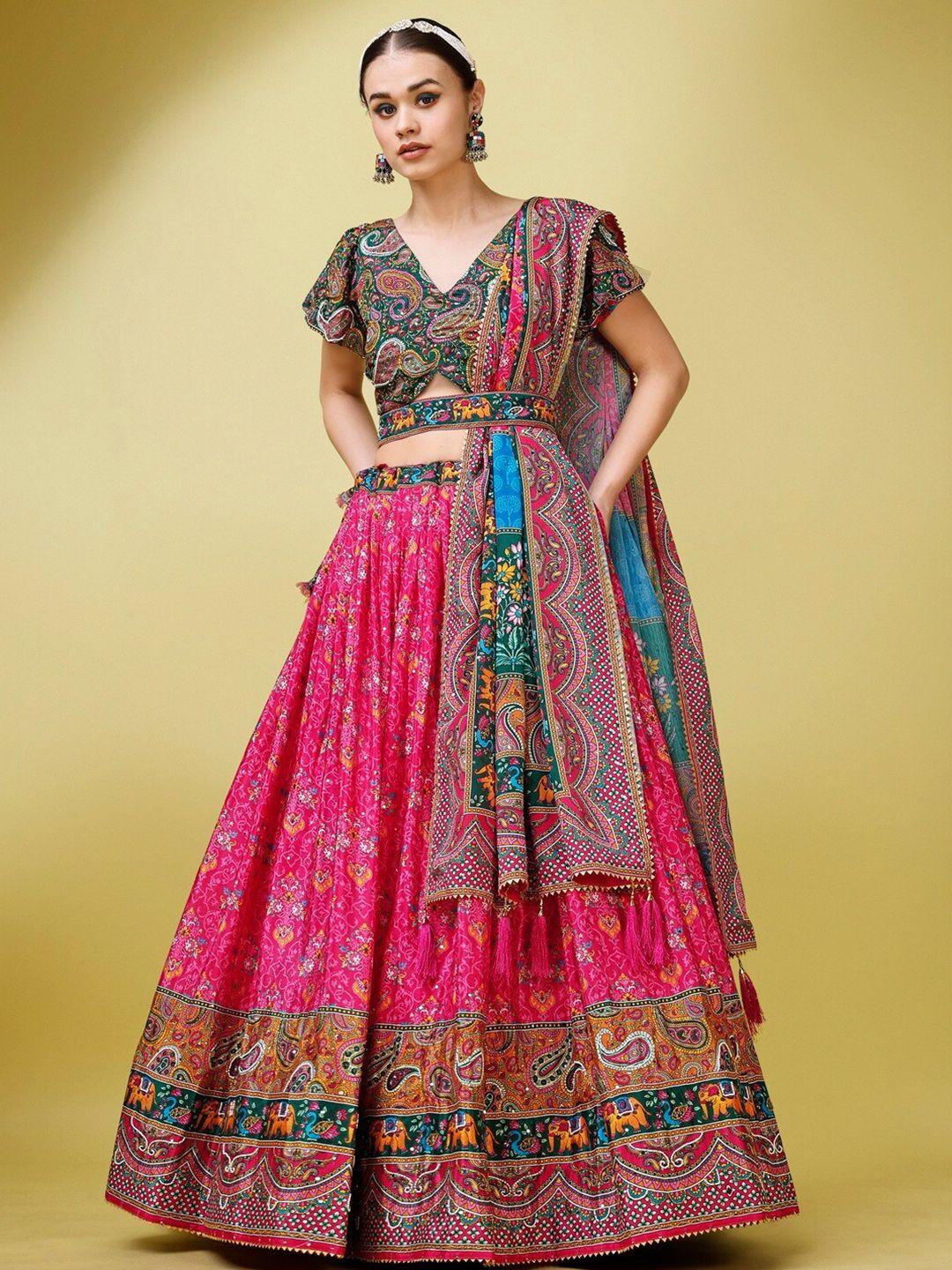 purvaja ethnic motifs printed silk semi-stitched lehenga & unstitched blouse with dupatta